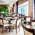 Four Points by Sheraton London dining area with tables, chairs, large windows and indoor plants