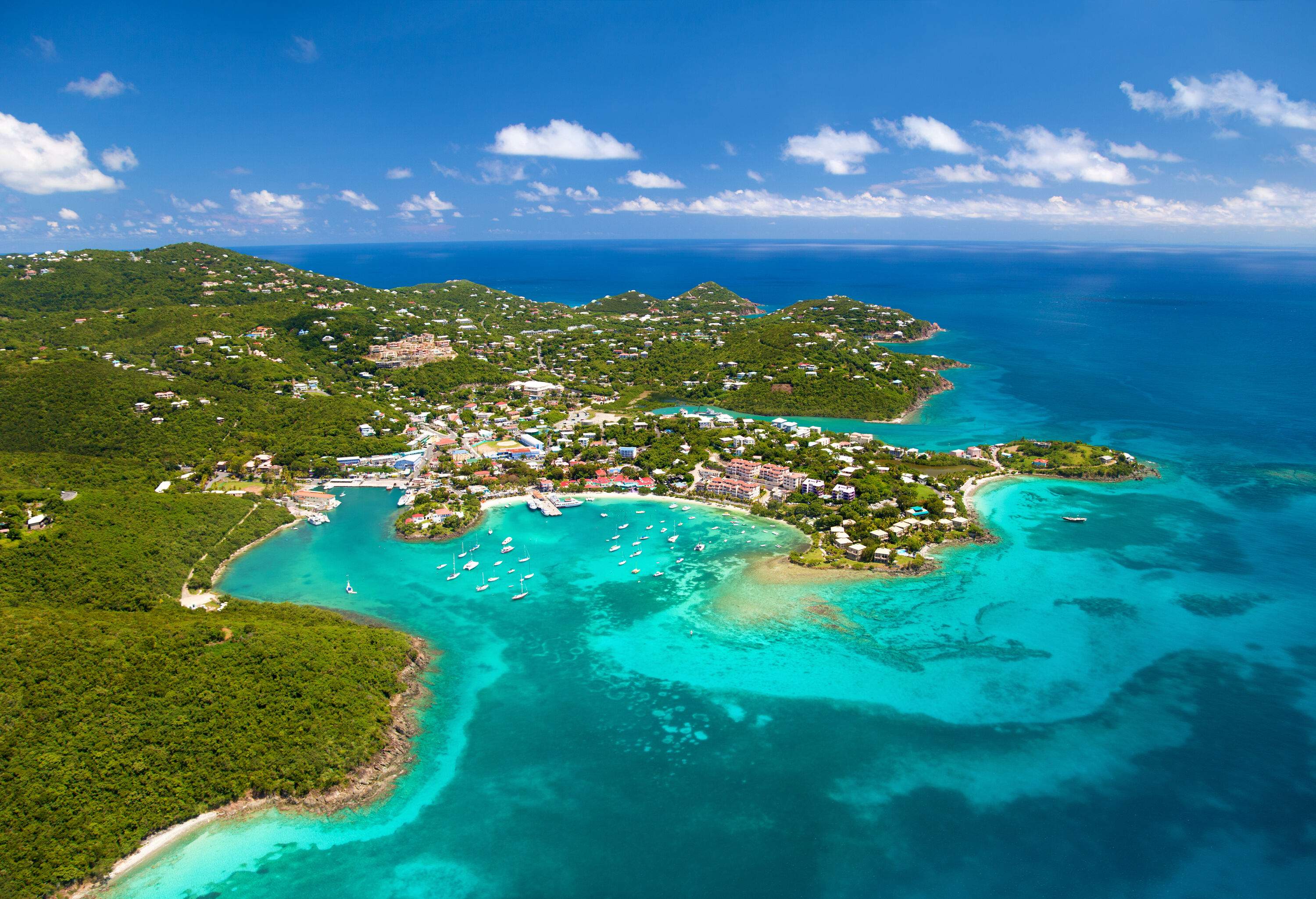 A coastal town with buildings perched on forested hills along a cove with turquoise waters.