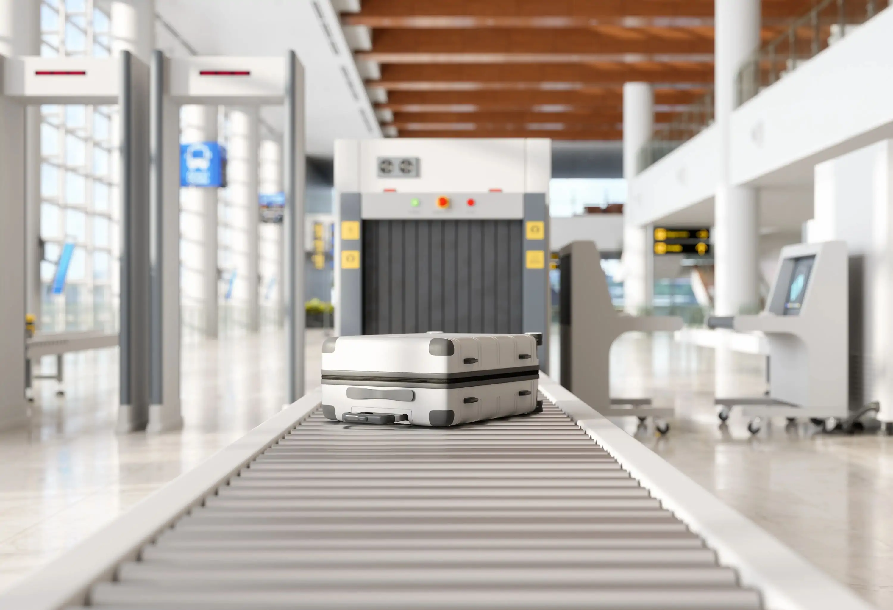 Airport Security Checkpoint With X-Ray Scanner Machine And Luggages